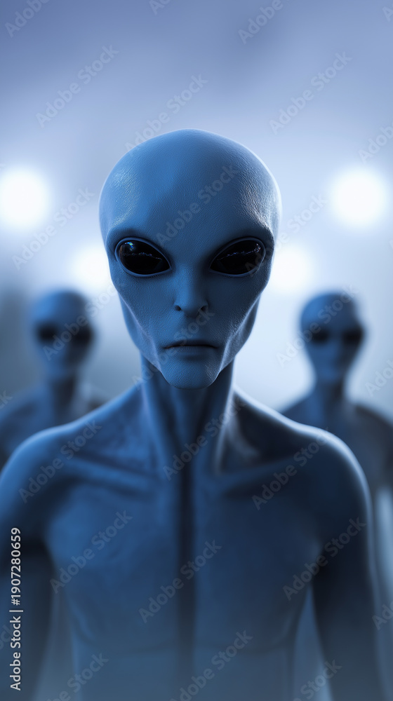 Fototapeta premium Humanoid alien with large dark eyes in a sci-fi setting symbolizing extraterrestrial intelligence and mystery.