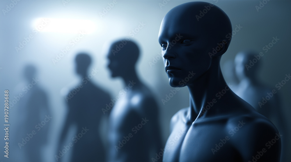 Fototapeta premium Humanoid alien with large dark eyes in a sci-fi setting symbolizing extraterrestrial intelligence and mystery.