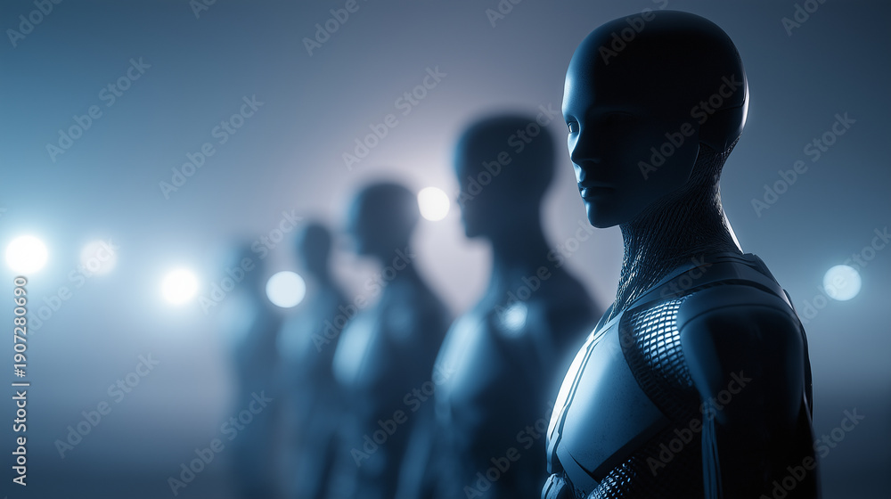 Fototapeta premium Humanoid alien with large dark eyes in a sci-fi setting symbolizing extraterrestrial intelligence and mystery. 