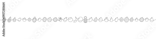 Minimal fruits garland line art. Long horizontal border with tropical fruits