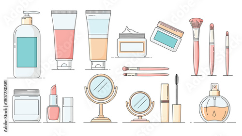 Large set of beauty and cosmetic products including lotion bottles, cream jars, makeup brushes, mirrors, lipstick, and perfume.