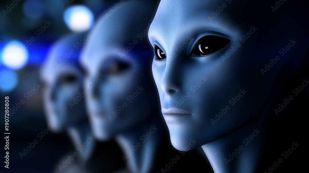 Fototapeta premium Humanoid alien with large dark eyes in a sci-fi setting symbolizing extraterrestrial intelligence and mystery. 