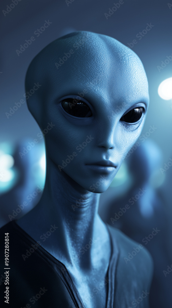 Fototapeta premium Humanoid alien with large dark eyes in a sci-fi setting symbolizing extraterrestrial intelligence and mystery. 