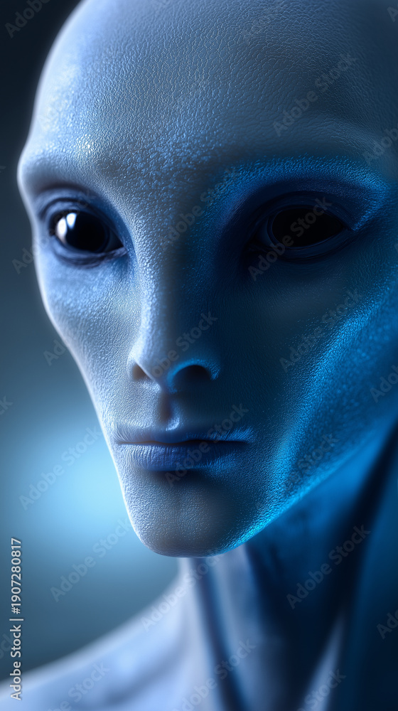 Fototapeta premium Humanoid alien with large dark eyes in a sci-fi setting symbolizing extraterrestrial intelligence and mystery. 