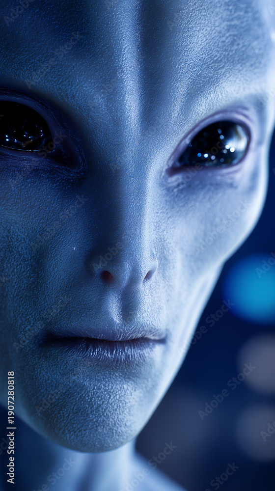Fototapeta premium Humanoid alien with large dark eyes in a sci-fi setting symbolizing extraterrestrial intelligence and mystery. 