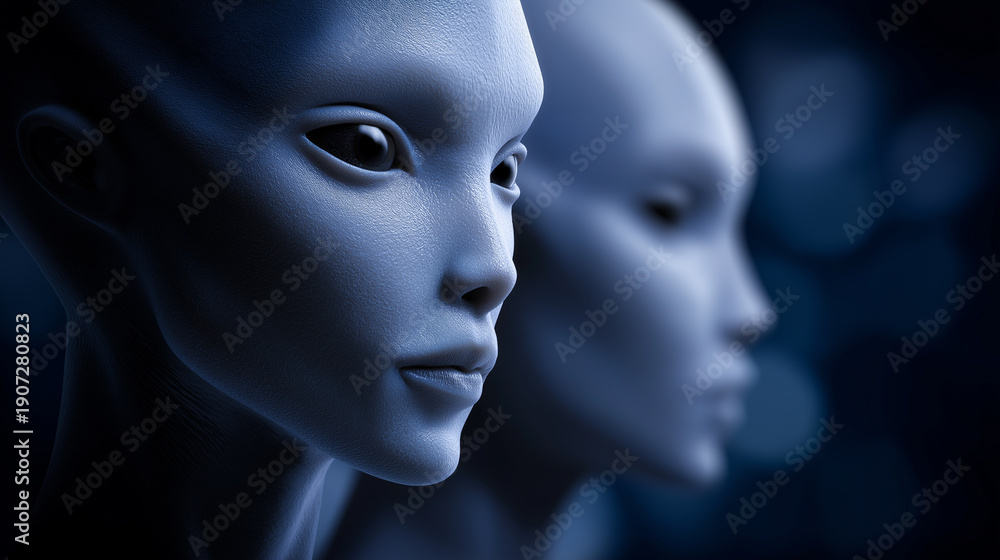 Fototapeta premium Humanoid alien with large dark eyes in a sci-fi setting symbolizing extraterrestrial intelligence and mystery. 