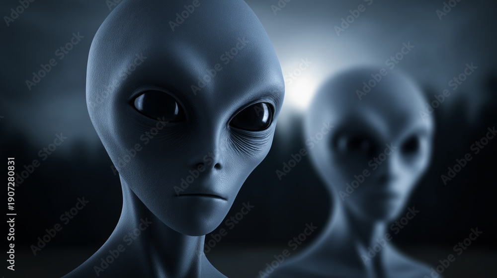 Fototapeta premium Humanoid alien with large dark eyes in a sci-fi setting symbolizing extraterrestrial intelligence and mystery. 