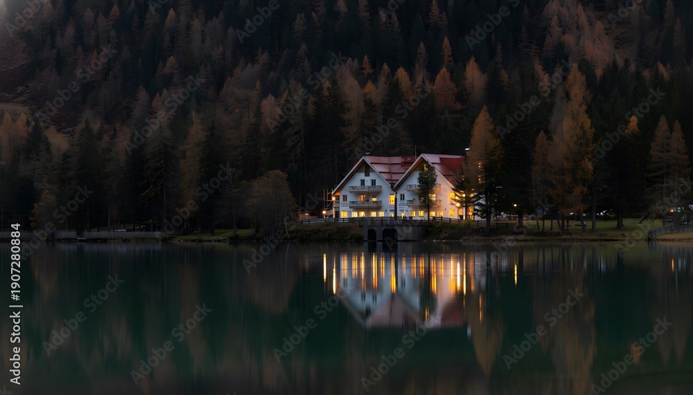 Obraz premium Cozy mountain lodge on serene lake at dusk with warm lighting