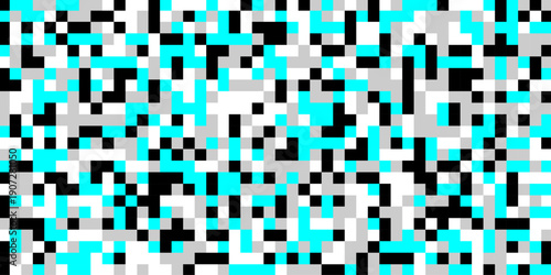 Censored pixel of color shape background, an abstract digital artwork features a chaotic arrangement of pixelated squares in shades of black gray and vibrant cyan creating a glitch effect.
