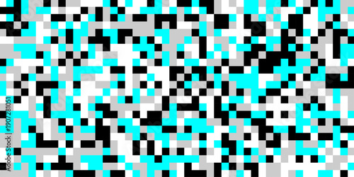 Censored pixel of color shape background, an abstract digital artwork features a chaotic arrangement of pixelated squares in shades of black gray and vibrant cyan creating a glitch effect.