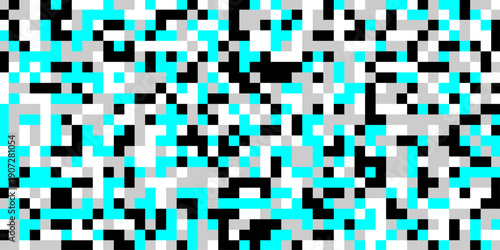 Censored pixel of color shape background, an abstract digital artwork features a chaotic arrangement of pixelated squares in shades of black gray and vibrant cyan creating a glitch effect.