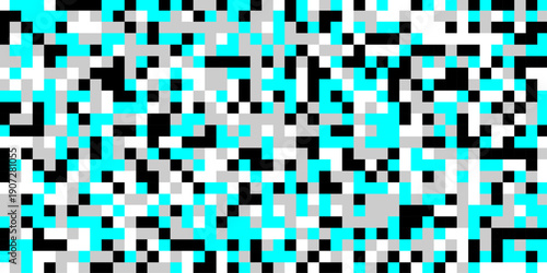 Censored pixel of color shape background, an abstract digital artwork features a chaotic arrangement of pixelated squares in shades of black gray and vibrant cyan creating a glitch effect.