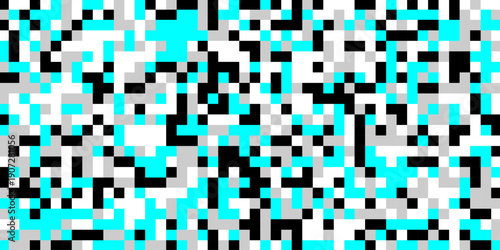 Censored pixel of color shape background, an abstract digital artwork features a chaotic arrangement of pixelated squares in shades of black gray and vibrant cyan creating a glitch effect.