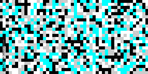 Censored pixel of color shape background, an abstract digital artwork features a chaotic arrangement of pixelated squares in shades of black gray and vibrant cyan creating a glitch effect.