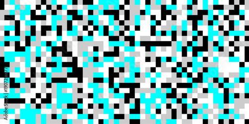Censored pixel of color shape background, an abstract digital artwork features a chaotic arrangement of pixelated squares in shades of black gray and vibrant cyan creating a glitch effect.