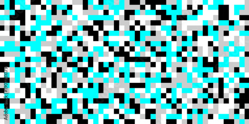 Censored pixel of color shape background, an abstract digital artwork features a chaotic arrangement of pixelated squares in shades of black gray and vibrant cyan creating a glitch effect.