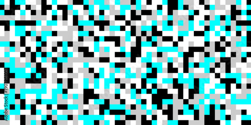 Censored pixel of color shape background, an abstract digital artwork features a chaotic arrangement of pixelated squares in shades of black gray and vibrant cyan creating a glitch effect.
