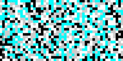 Censored pixel of color shape background, an abstract digital artwork features a chaotic arrangement of pixelated squares in shades of black gray and vibrant cyan creating a glitch effect.