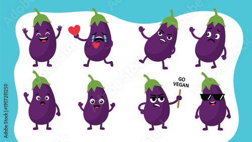 Collection of eight purple eggplant characters with different emotional expressions like happy, sad, angry, and cool with sunglasses.
