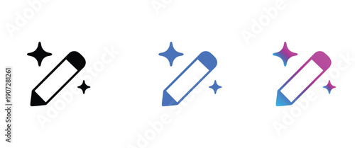 Vector edit pencil icon set with sparkles in black, blue, and gradient colors, isolated on transparent background.