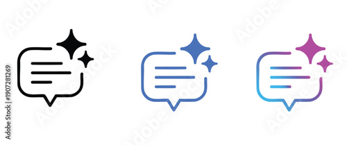Clean Chat Bubble Vector Icon Set with Sparkle, Black Outline, Blue Solid, and Gradient Fill Options, UI UX Element isolated on transparent background.