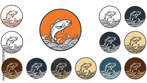 Set of circular fish icons showing a trout or salmon leaping from ocean waves in various color palettes for logo or emblem design.