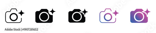 Vector camera icon set with sparkle flash, outline and solid black, purple gradient, photography UI element, isolated on white background.