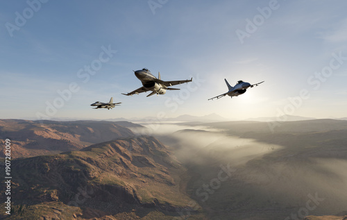 Wallpaper Mural Three Fighter Jets In Formation Over Rugged Canyon At Sunrise Torontodigital.ca