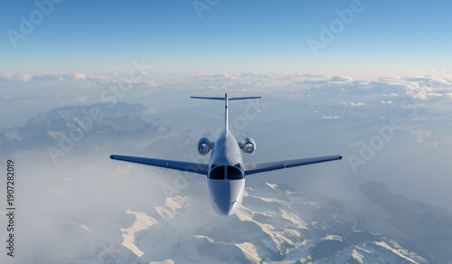 Wallpaper Mural Front View Of White Private Jet In Flight Above Snowy Mountains And Clouds Torontodigital.ca