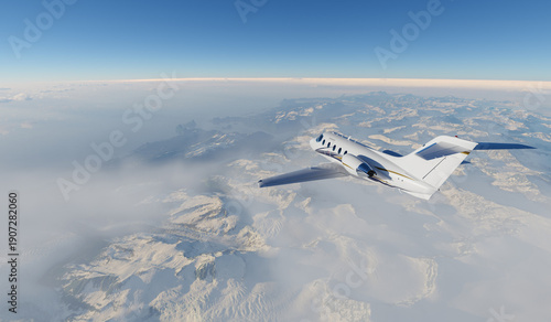 Photos Private Jet Over Snowy Mountains Aerial View in Clear Blue Sky, 3D Rendering
