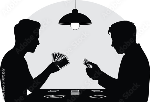 Black silhouette vector illustration of two people playing card game at table under lamp light, strategy, leisure, entertainment, competition, focus