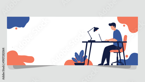 Modern flat illustration of a professional man working on a laptop at a desk with a lamp and plant in a clean workspace banner.
