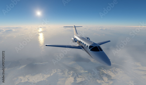 Wallpaper Mural Sleek Private Jet Soaring Above Clouds With Sunlit Horizon Over Icy Landscape Torontodigital.ca