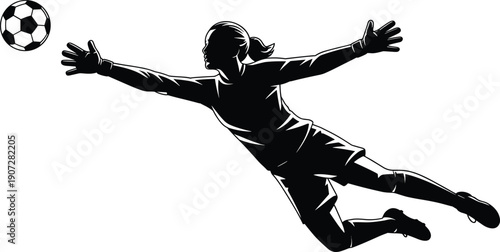 Soccer goalkeeper silhouette illustration of female goalie diving to save football isolated on white background dynamic sports vector artwork action pose design