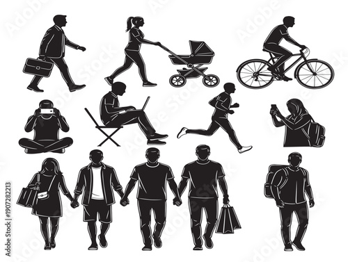 Modern people activity silhouette for social lifestyle and urban scenes