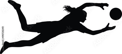 Black and white silhouette of athlete mid air dive with outstretched arms reaching ball, dynamic sports motion vector illustration fitness artwork
