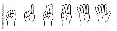 Cartoon hand counting from 0 to 5 with fingers. Minimalist outline vector illustration for kids math, education, and learning posters