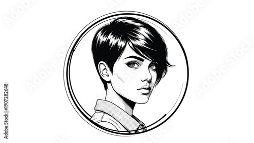 Elegant black and white circular portrait sketch of a beautiful young woman with a stylish short pixie haircut and soft gaze.