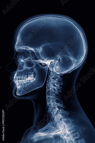 Detailed X-ray of human skull and neck showing spine and teeth