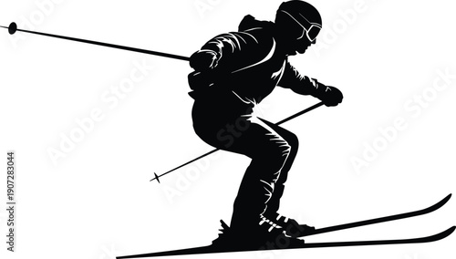 Black and white silhouette of skier crouched downhill with helmet, goggles, ski poles, angled skis, dynamic motion, winter sport vector illustration artwork
