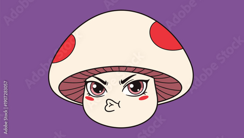 Grumpy cartoon mushroom character with an angry face and pouting mouth on a vibrant purple background with white and red cap.