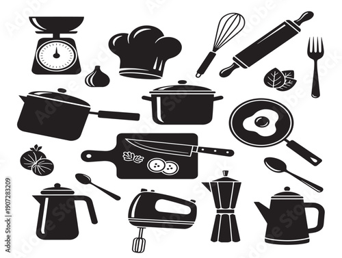 Cooking kitchen silhouette with a chef preparing a delicious meal