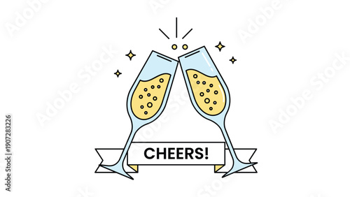 Festive illustration of two sparkling champagne glasses clinking above a cheers ribbon banner with stars and golden bubbles.