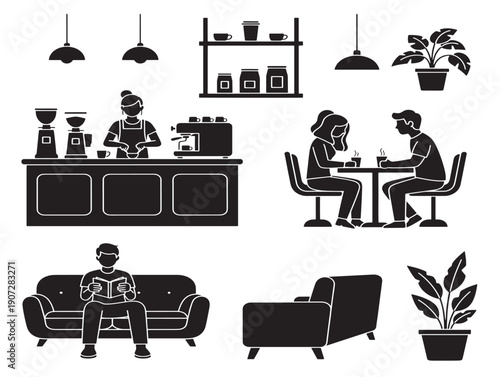 Coffee shop silhouette for bakery branding and relaxing meetup scenes