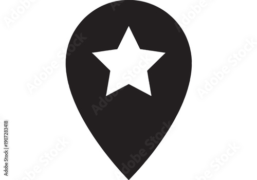 Pin location marker icon with star symbol inside, black and white flat design for maps, navigation apps, favorite place tag, GPS pointer on white background