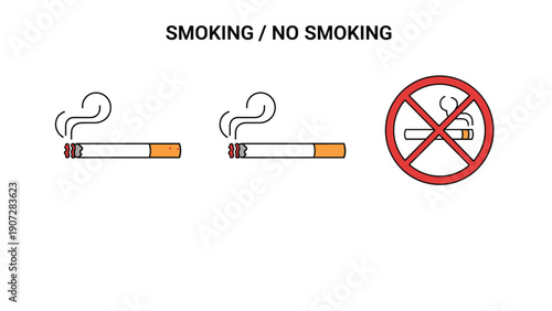 Cigarette symbols indicating smoking and no smoking areas with stylized vector illustrations for public signs and health warnings.