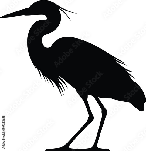 Black silhouette vector illustration of elegant heron bird standing on one leg with long neck, pointed beak, feathers, minimalistic design