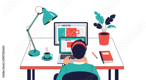 Person working on a laptop at a desk with a lamp and plant