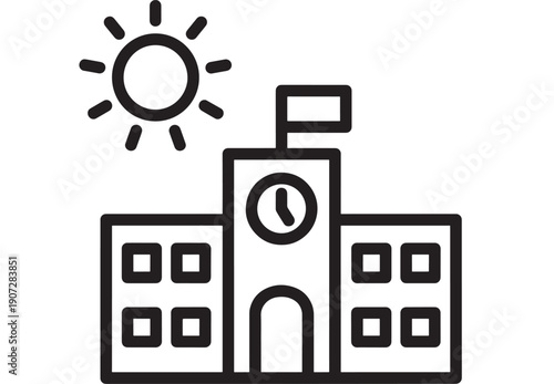 School building icon with flag, clock tower and sun symbol, minimal black outline vector for education concept, campus signage, web UI, app interface and pictogram design