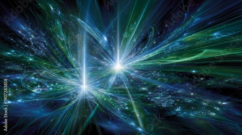 Vibrant cosmic explosion with dynamic blue and green light trails